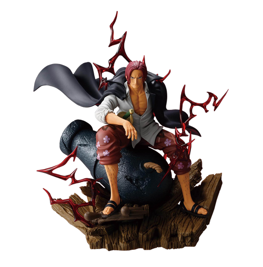A collectible anime figurine of the character Sabo from One Piece, posed sitting on a cannon atop a wooden base with red energy crackling effects, isolated on a white background.