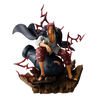 A collectible anime figurine of the character Sabo from One Piece, posed sitting on a cannon atop a wooden base with red energy crackling effects, isolated on a white background.