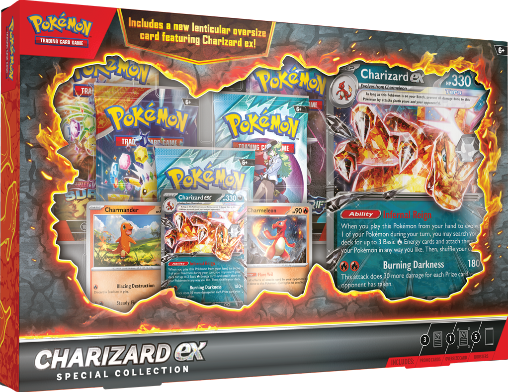 Pokémon Charizard ex Special Collection trading card game box with cards and Charizard ex card.