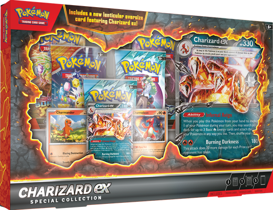 Pokémon Charizard ex Special Collection trading card game box with cards and Charizard ex card.