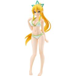 An anime figurine of a female character with long yellow hair and green cat-ear headband, wearing a light green bikini, set against a plain white background.