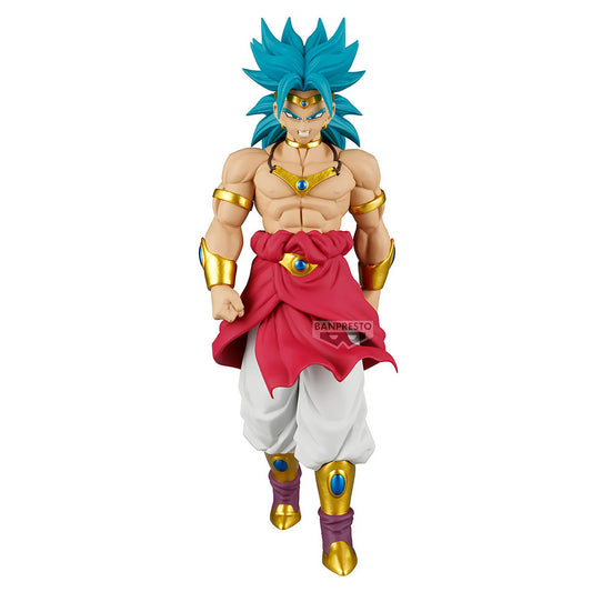 A detailed anime action figure of Broly from Dragon Ball Z in his Super Saiyan form, featuring spiky teal hair, a red sash, white pants, and gold armor, set against a plain white background.