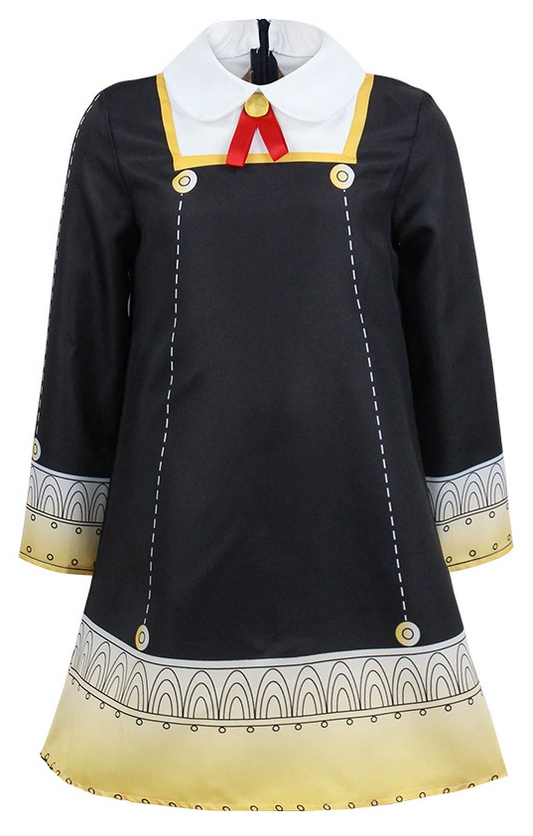 Black dress with white collar, red accents, and yellow trim on a white background