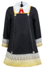 Black dress with white collar, red accents, and yellow trim on a white background