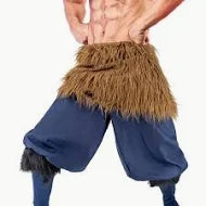 Person wearing blue pants with a brown grass skirt