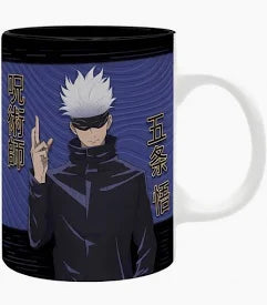 A black ceramic mug featuring an anime character print with spiky white hair, black clothing, and a blue patterned background, shown on a plain white background.