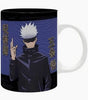 A black ceramic mug featuring an anime character print with spiky white hair, black clothing, and a blue patterned background, shown on a plain white background.