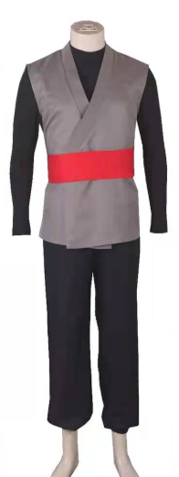 Costume with gray vest, black shirt, and red belt on a mannequin against a white background
