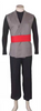 Costume with gray vest, black shirt, and red belt on a mannequin against a white background