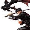A dynamic anime figurine of a character in a black outfit holding a sword, with a large black fish-like creature flying above, set against a plain white background.