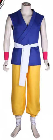 Cosplay costume on a mannequin with blue top and yellow pants