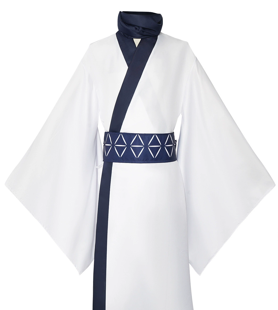 White kimono with navy blue accents on a white background