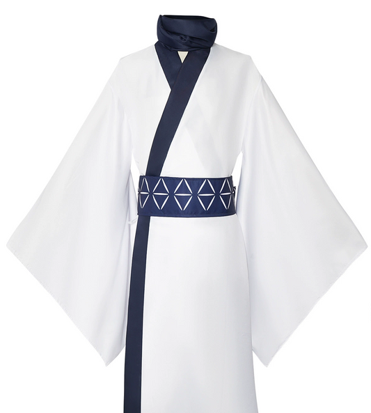 White kimono with navy blue accents on a white background