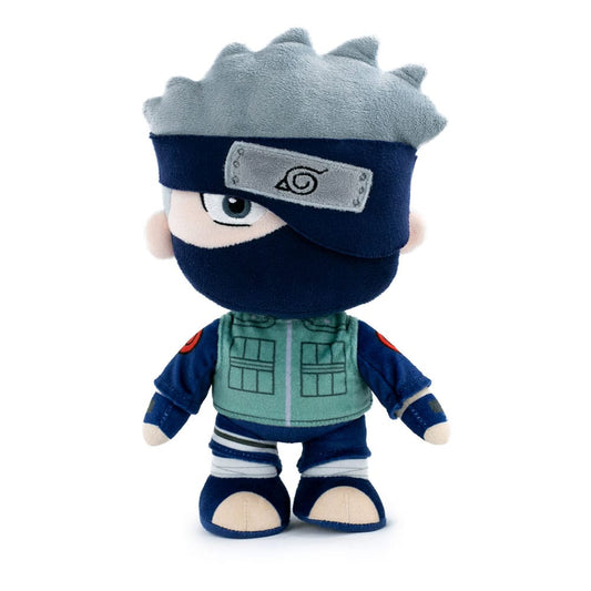 Plush toy resembling a character from an anime, wearing a headband with a symbol, on a white background.