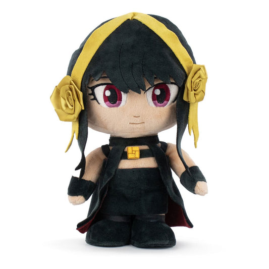 Plush toy with black hair, red eyes, and yellow headband on a white background