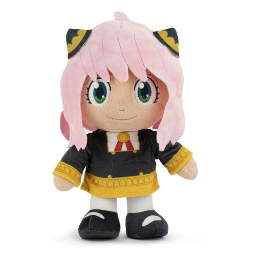 Plush toy of an anime character with pink hair and green eyes on a white background