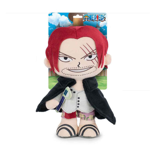 Plush toy of a character with red hair and black coat on a One Piece branded card.