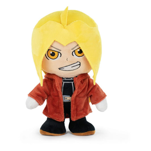 Plush toy of a character with yellow hair and red jacket on a white background