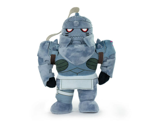 Plush toy resembling a robot with a blue color scheme on a white background
