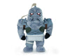 Plush toy resembling a robot with a blue color scheme on a white background