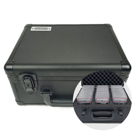 Black hard-shell case with interior padding for protective storage on a white background