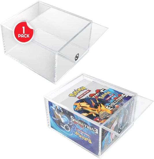 Clear trading card box with a Pokémon trading card pack inside on a white background