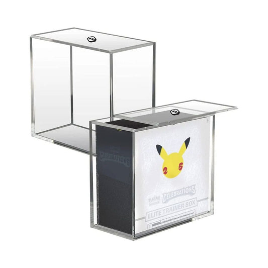 Clear display case with a Pikachu figure on a white background