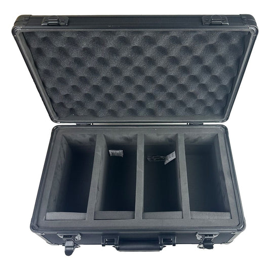 Black foam-lined hard-shell case with compartments on a white background