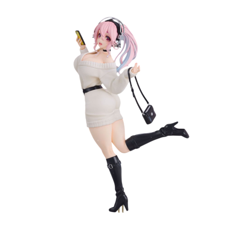 An anime-style female figurine with pink and blue hair, wearing an off-the-shoulder cream sweater, black belt, black thigh-high boots, and carrying a small black shoulder bag, posed against a plain white background.