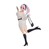 An anime-style female figurine with pink and blue hair, wearing an off-the-shoulder cream sweater, black belt, black thigh-high boots, and carrying a small black shoulder bag, posed against a plain white background.