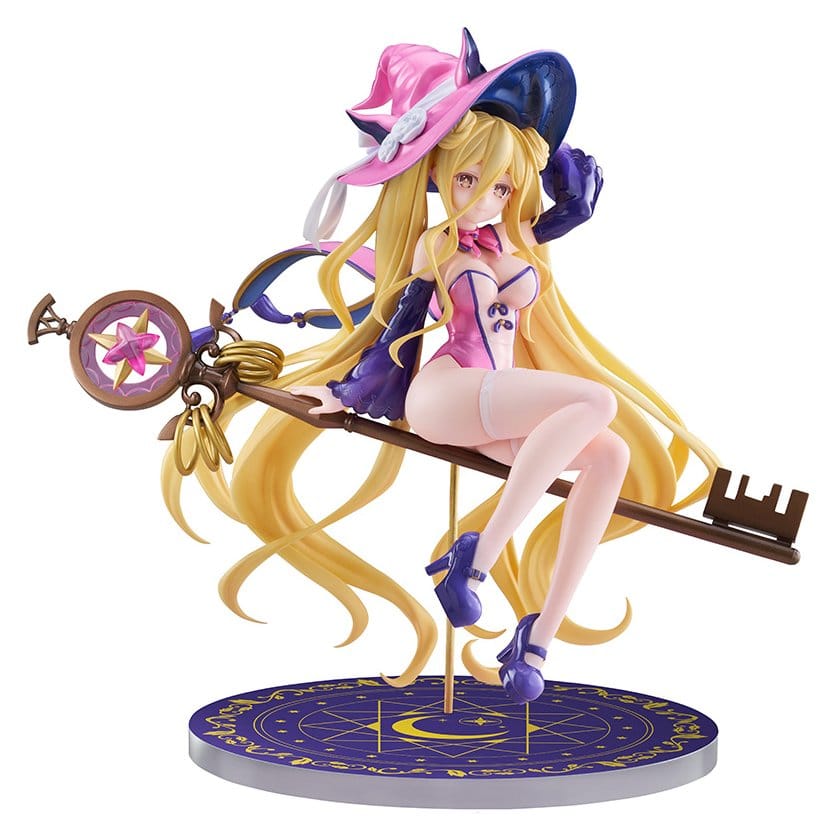 Anime character figurine with witch hat and long blonde hair on a white background