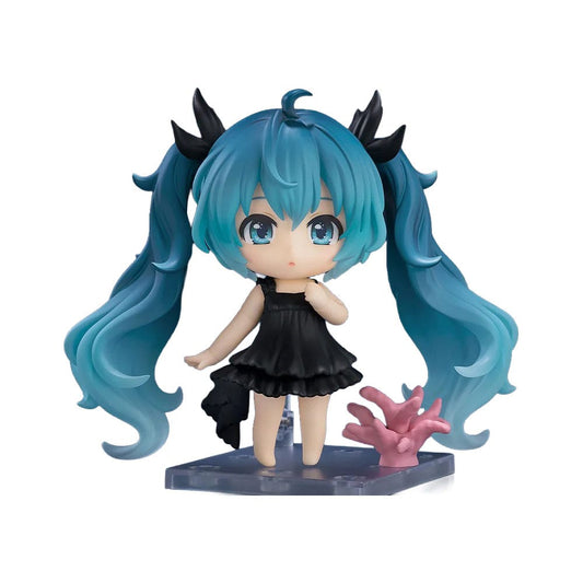 Anime character figurine with blue hair and black dress on a white background