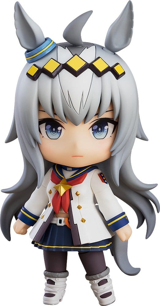 Anime character figurine with gray hair and horns on a white background