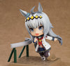 Anime character figurine with gray hair and horns on a brown background