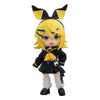 Anime character figurine with yellow hair and black outfit on a white background
