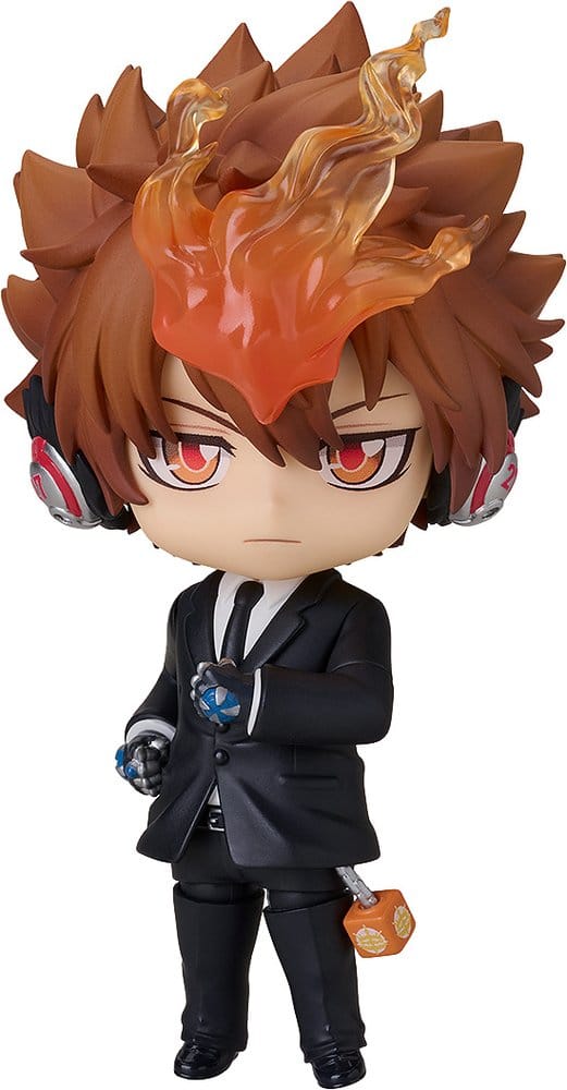Nendoroid figurine of a character with spiky hair and suit on a white background