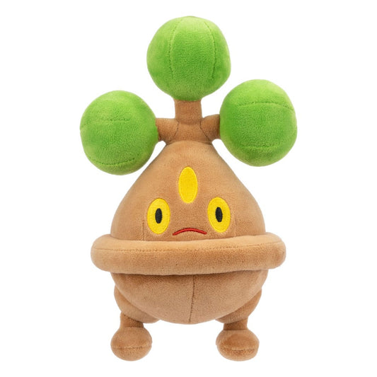 Plush toy of a character with a brown body and green top on a white background