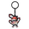 Keychain with a cartoon character holding a chainsaw on a white background