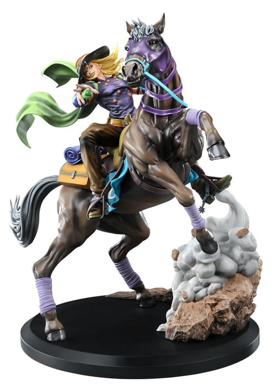 Statue of a character on horseback with a scenic background