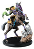 Statue of a character on horseback with a scenic background