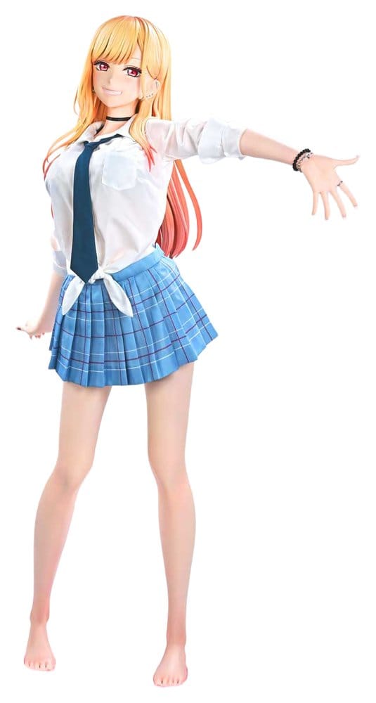 An anime-style female doll or figurine with long blonde hair, wearing a white blouse, dark tie, and blue plaid pleated skirt, posed against a plain white background.