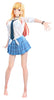 An anime-style female doll or figurine with long blonde hair, wearing a white blouse, dark tie, and blue plaid pleated skirt, posed against a plain white background.