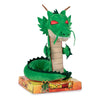 Green plush dragon toy with red eyes on a white background