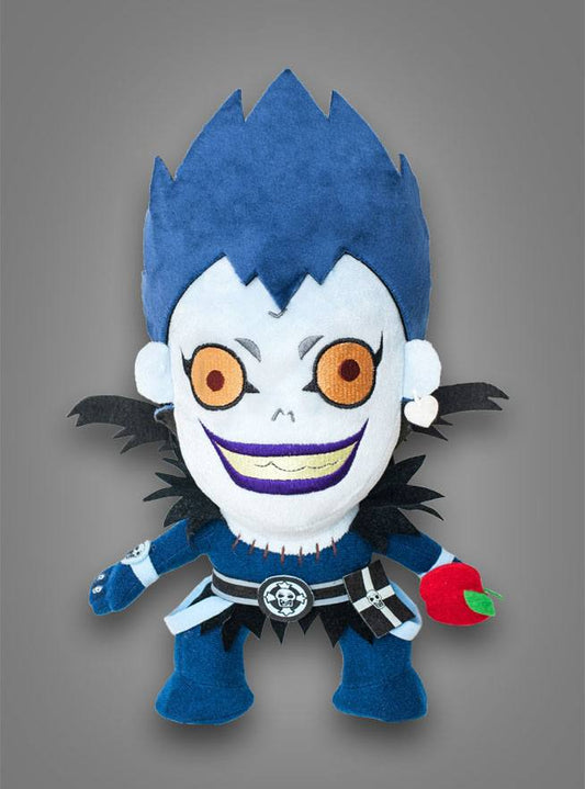 Plush toy with blue hair and white face on a gray background