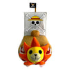 Plush toy with a pirate ship design and character face on a white background